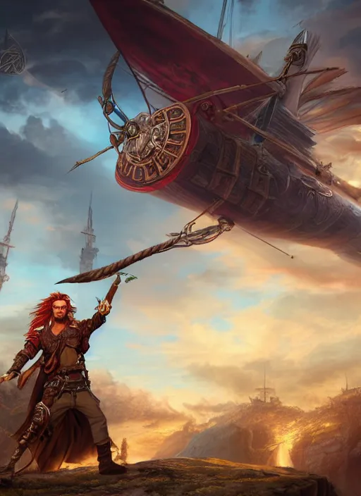 Prompt: An epic fantasy comic book style portrait painting of a long haired, red headed male sky-pirate in front of an airship in the style of the wheel of time, unreal 5, DAZ, hyperrealistic, octane render, cosplay, RPG portrait, dynamic lighting