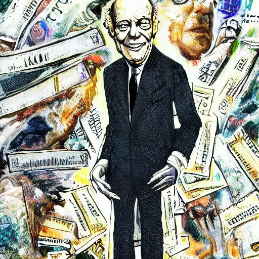 Image similar to Jacob Rothschild full body shot, dollar bills Body horror, biopunk, by Ralph Steadman, Francis Bacon, Hunter S Thompson