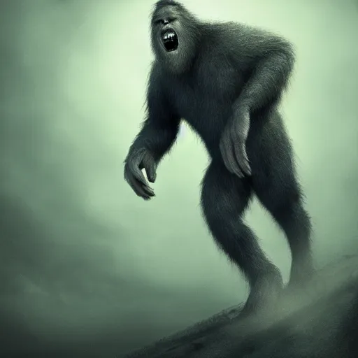 Image similar to a giant saquatch like monster running down a flight of stairs at a scared child digital art terrifying cinematic lighting movie