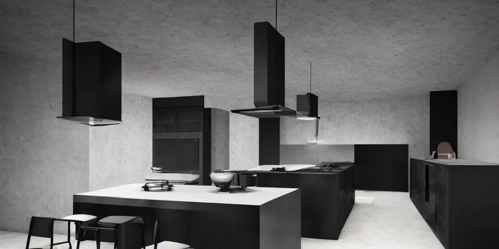 Prompt: brutalist black house kitchen interior design minimalist furniture ominous dark powerful giant open space high quality octane render