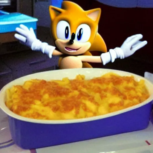 Image similar to Oops, Sonic the Hedgehog ate too much Mac\'n\'Cheese! He might explode! Run!