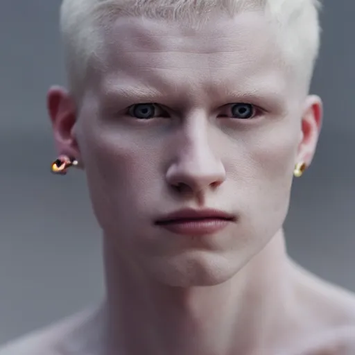 Prompt: color portrait of an albino male model by emmanuel lubezki