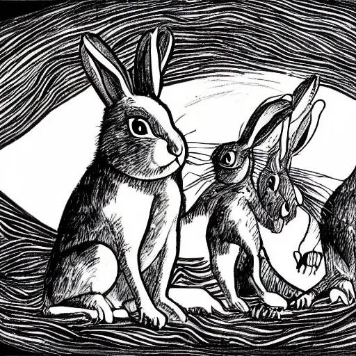 Image similar to an illustration of the terrified rabbits of watership down