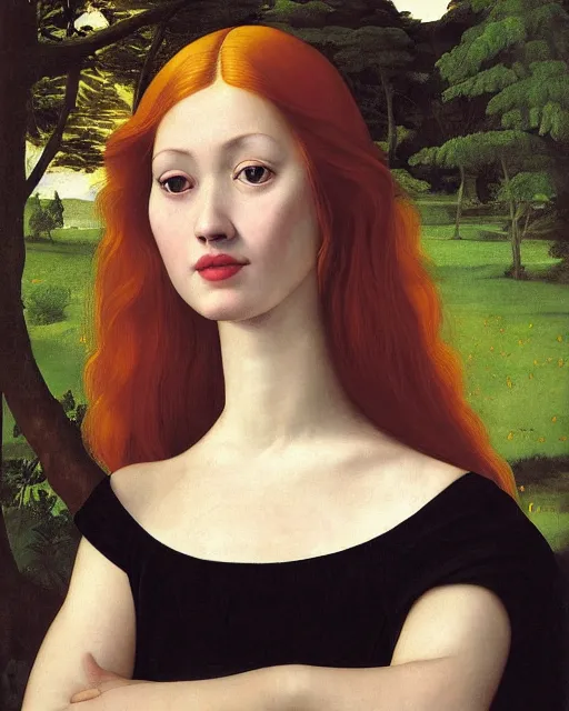 Image similar to a happy, modern looking young woman looking over shoulder, wonderful dress, among the lights of golden fireflies and nature, long loose red hair, intricate details, green eyes, small nose with freckles, triangle shape face, smiling, golden ratio, high contrast, hyper realistic digital art by artemisia lomi gentileschi and caravaggio and artgerm.