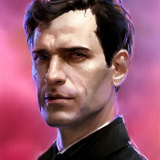 Image similar to Portrait of a man by Greg Rutkowski, he is about 40 years old, mixture between russian and irish, coiffed brown hair, attractive, bright purple eyes, extremely pale white skin, smart looking, he is wearing a black futuristic lawyer outfit, highly detailed portrait, scifi, digital painting, artstation, concept art, smooth, sharp foccus ilustration, Artstation HQ