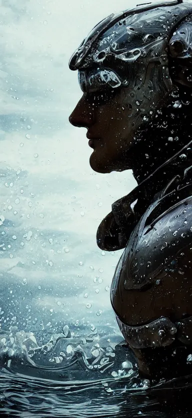 Prompt: suit of armor made of liquid, rising up from lake, water armor, norway fjord, medium close up portrait, water armor, studio lighting, stormy seas, beautiful, bokeh, snowy, storm clouds, god rays, d & d, fantasy, elegant, low key color palette, concept art, roger deakins and greg rutkowski and alphonse mucha