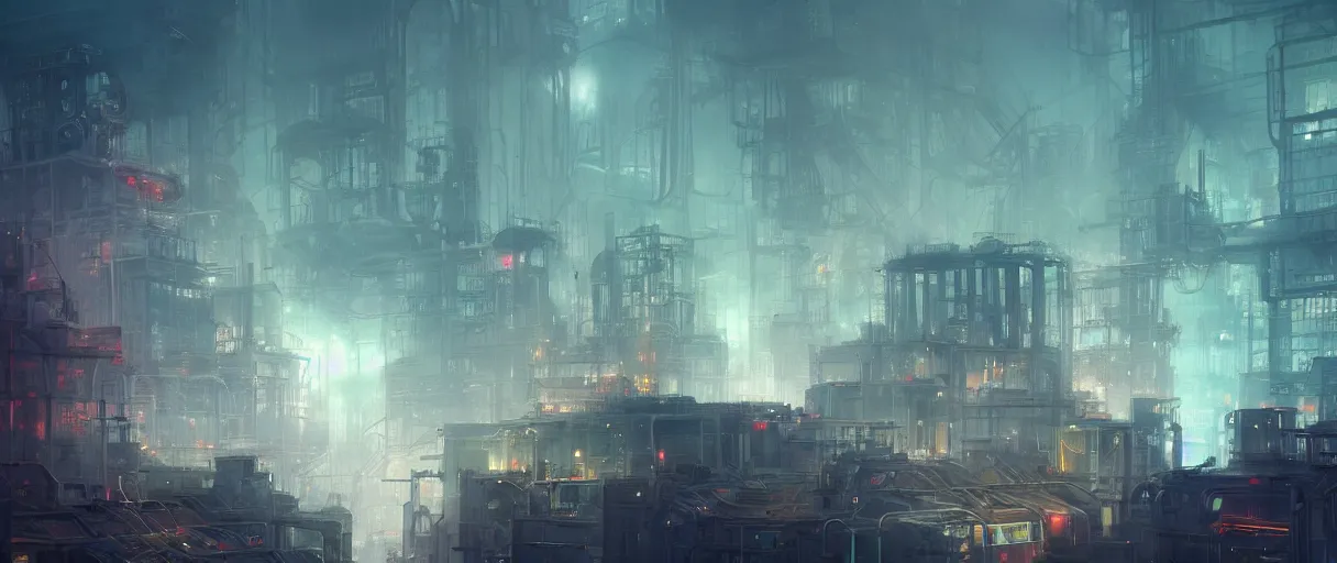 Image similar to dystopian city of factories, lots of smoke rising from chimneys, concept art, digital painting, style of jordan grimmer, dark green lighting, futuristic, volumetric lighting, view from below, symmetrical, vivid colours, bright, daytime, godrays