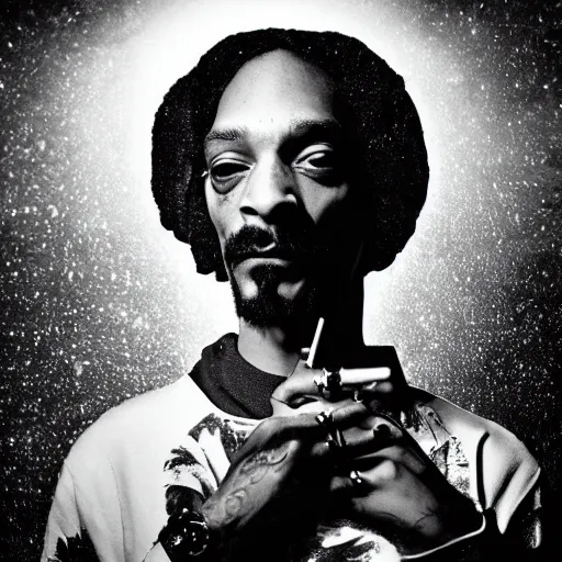 Image similar to a dramatic photograph of snoop dog smoking a joint in an infinite universe while contemplating a magical portal to the beyond, ground haze, dramatic lighting, filmic, cinematographic