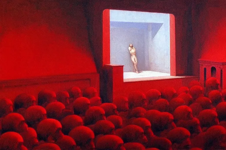 Image similar to only with red, crowd screaming, an exposed picture in a roman theater, in the style of beksinski, parts by edward hopper, parts by rodcenko, parts by yue minjun, intricate and epic composition, red by caravaggio, insanely quality, highly detailed, masterpiece, red light, artstation, 4 k