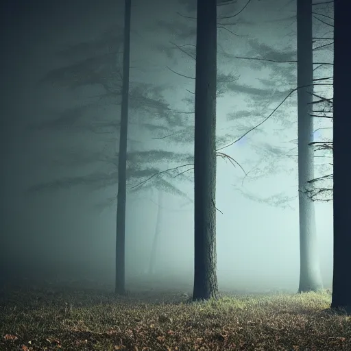 Image similar to found footage sighting of a slender man at night in a forest, fog, volumetric lighting