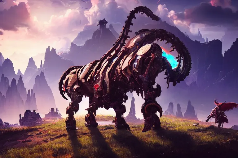 Image similar to grimhorn fanghorn machine mecanical creature robot of horizon forbidden west horizon zero dawn bioluminiscence global illumination ray tracing hdr fanart arstation by ian pesty and alena aenami artworks in 4 k