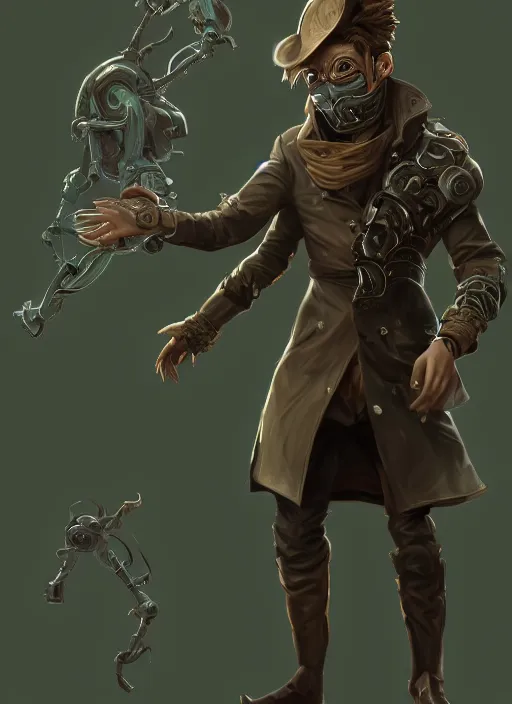 Image similar to a highly detailed illustration of thick wavy brown haired young white guy wearing brown detective trench coat and wearing dark green mask, with many long mechanical arms on his back, dramatic standing pose, intricate, elegant, highly detailed, centered, digital painting, artstation, concept art, smooth, sharp focus, league of legends concept art, WLOP