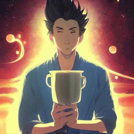 Image similar to A man drinking a cup of cosmic energy bright light, illustration, anime style, Artgerm, 4k, digital art, surreal, anime style, space dandy style, highly detailed, godsend, artstation, digital painting, concept art, smooth, sharp focus, illustration by Ruan Jia and Mandy Jurgens and William-Adolphe Bouguereau, Artgerm