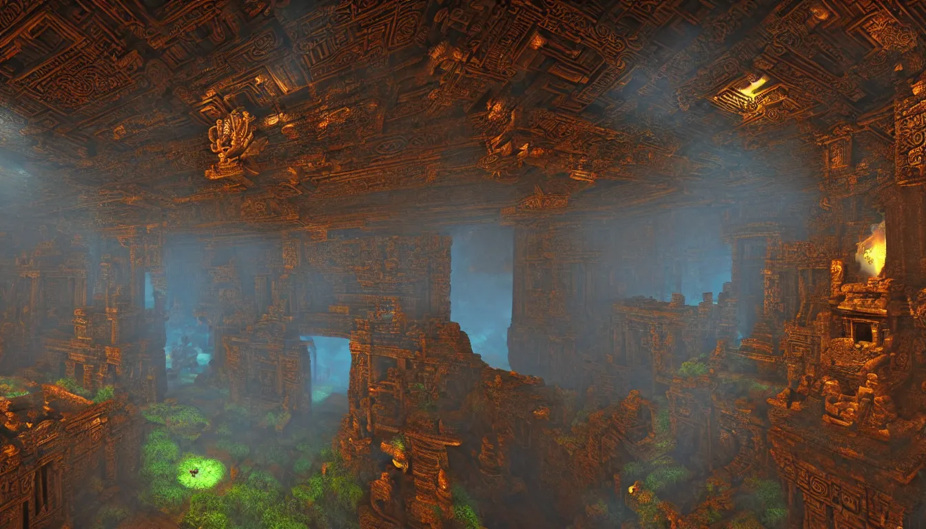 Image similar to majestic expansive ancient mayan temple halls , side-scrolling 2d platformer game level, glittering dust in the air illuminated by the dusk sun through the ceiling cracks, fantasy totem ruins with intricate mayan glyphs, volumetric light , detailed carved ornaments, rich color, upscale , 8k