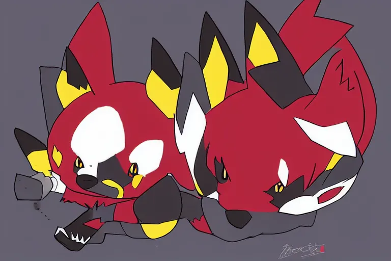 Image similar to zorua the black and maroon colored fox - like pokemon playing with a pikachu, pokemon, super detailed, clean lines, digital art