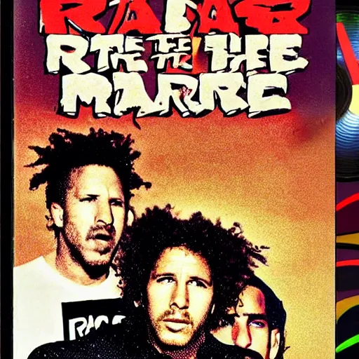 Image similar to Rage Against the Machine, live in concert 1994, Zack de la Rocha, Tom Morello, alternative metal, 1994 VHS quality