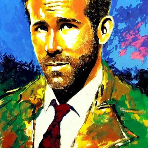 Image similar to ryan reynolds by leroy neiman, intricate, ultra detailed painting, atmospheric lighting, golden hour
