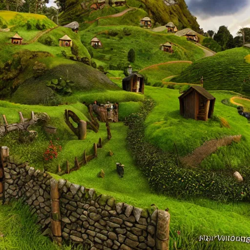 Prompt: the shire, hobbit village. green rolling hills, hobit mounds, hobbit people living life green open world colourful - rated, award winning, realistic, detailed lighting, detailed shadows