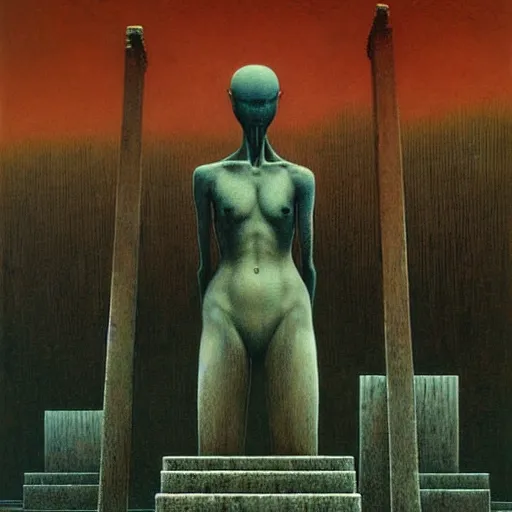 Image similar to highly detailed dystopian surreal painting of eerie statues and buildings by zdzisław beksinski
