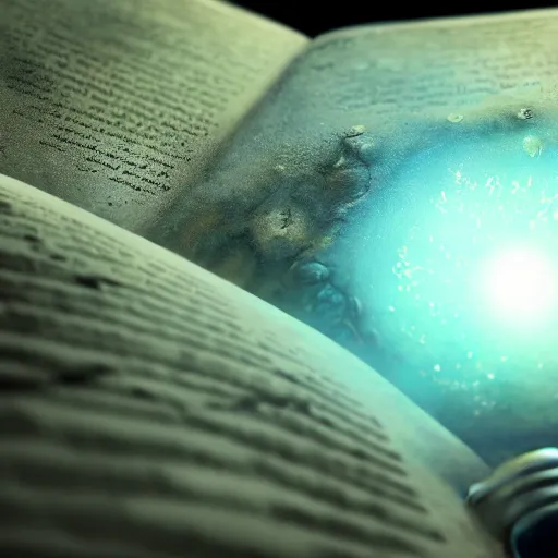 Image similar to close - up of an ancient book bon the moon, concept art, sci - fi illustration, painting, realistic, global illumination, radiant light, detailed and intricate environment, 8 k, h 6 4 0