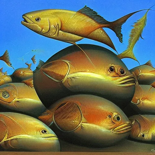 Image similar to surprised fish sitting on the top of a pile of fish, all the fish are inside a cooking pot on fire, side view, by vladimir kush, dystopian art, rococo