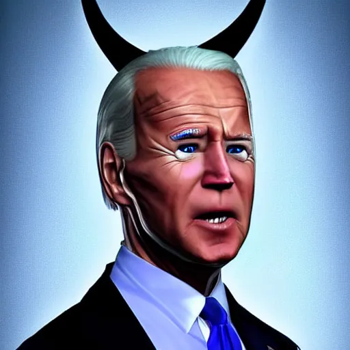 Image similar to uncanny valley joe biden, evil eyes, demonic, horns, grotesque, digital art