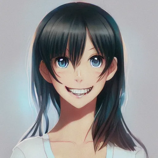 Prompt: A medium shot anime portrait of a happy brunette anime woman, a single short ponytail, parted hair, bare forehead, blue-eyed, blue eyes, big nose, straight teeth, with large breasts, wearing a t-shirt, solid background, by Stanley Artgerm Lau, WLOP, Rossdraws, James Jean, Andrei Riabovitchev, Marc Simonetti, and Sakimi chan, trending on artstation