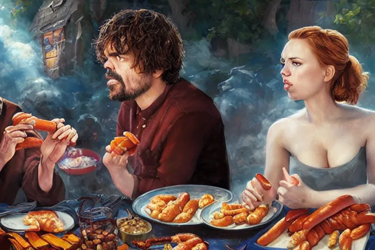 Image similar to portrait of peter dinklage sharing hotdogs with scarlett johansson, an oil painting by ross tran and thomas kincade