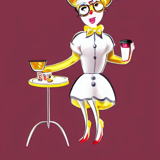 Prompt: beautiful female sheep anthropomorphic working as a waitress from the 5 0 s, cartoon, digital art, full character, high detail drawing