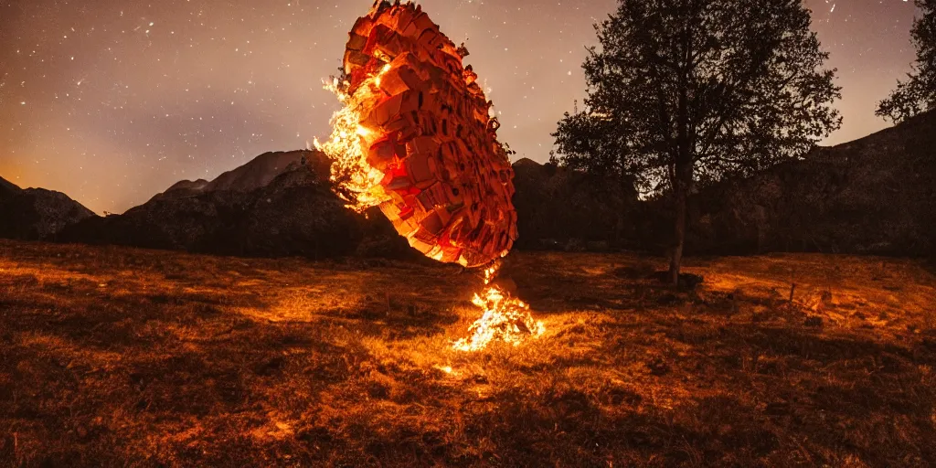 Image similar to giant fire ball attack comes from mountains, back view, 5 0 mm bokeh, night, epic, dramatic, realistic, 8 k, high details