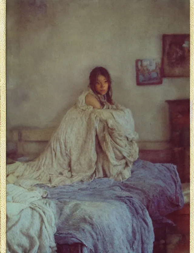 Image similar to peasant girl in a morning in country house sitting on a bed, cottage core, polaroid photo bleached vintage pastel colors high - key lighting, soft lights, foggy, by steve hanks, by lisa yuskavage, by serov valentin, by tarkovsky, detailed, oil on canvas