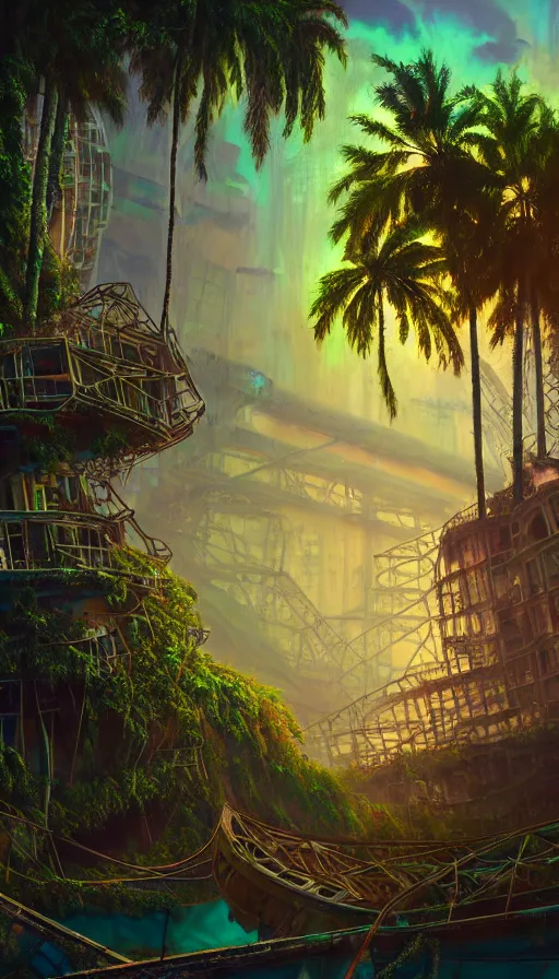 Image similar to a beautiful photorealistic painting of shipwreck nature urbex architecture city industrial architecture by frank gehry, sea reclaimed by nature rainforest flowers lightpaint tron nightvision synthwave morning sun sunlight nightsky uv light magic realism at night laser, archdaily, wallpaper, highly detailed, trending on artstation.