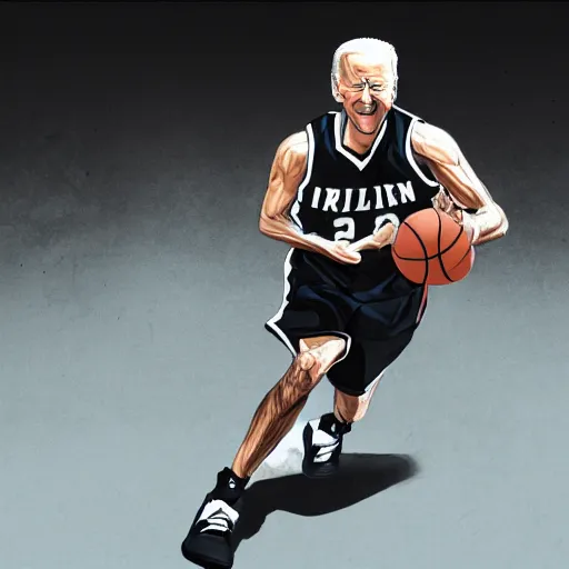 Image similar to Biden playing basketball, digital art , highly detailed , high contrast, beautiful lighting, award winning , trending on art station, photorealistic, 8k