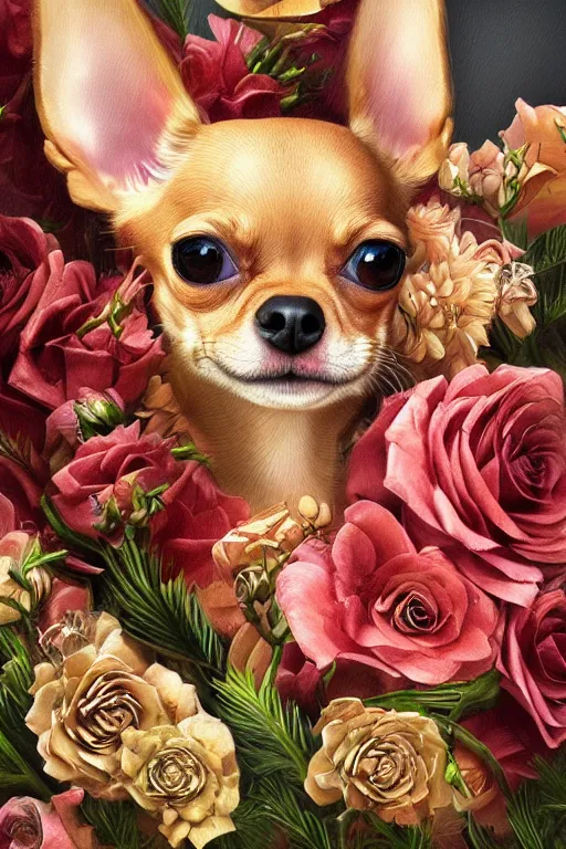 Prompt: ultra realistic illustration, portrait of a tan chihuahua bouquet, close up shot, fantasy, intricate, elegant, highly detailed, digital painting, artstation, concept art, smooth, sharp focus, illustration, surrealism