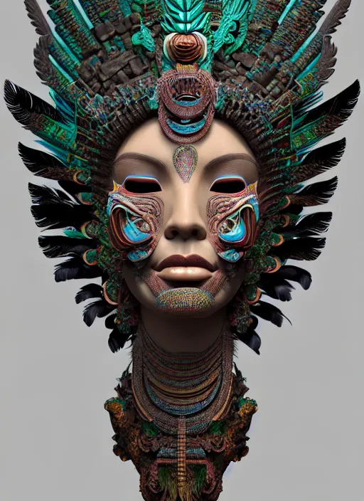 Prompt: 3 d goddess profile portrait. beautiful intricate highly detailed quetzalcoatl mask and feathers. ahuizotl, atotolin, bioluminescent, plasma, lava, ice, water, wind, creature, jungle, artwork by tooth wu and wlop and beeple and greg rutkowski, 8 k trending on artstation,