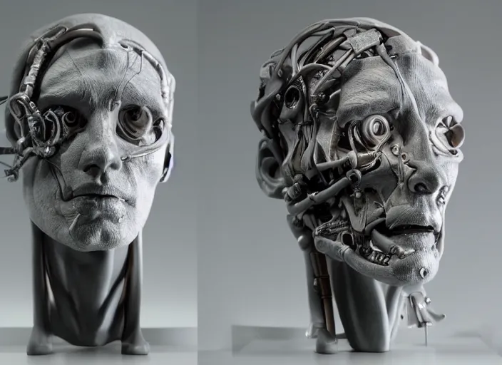 Image similar to a bust sculpture of anatomical cyborg, ,detailed face, ceramic base, studio lighting