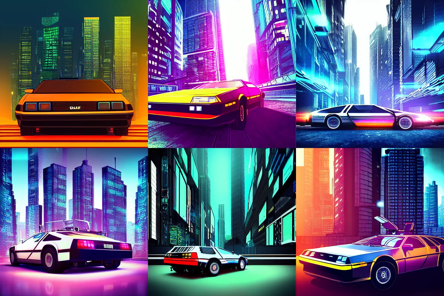 Prompt: “delorean in a cyberpunk city with skyscrapers, art station award winner, digital art, ray trace, neon colors, short telephoto”