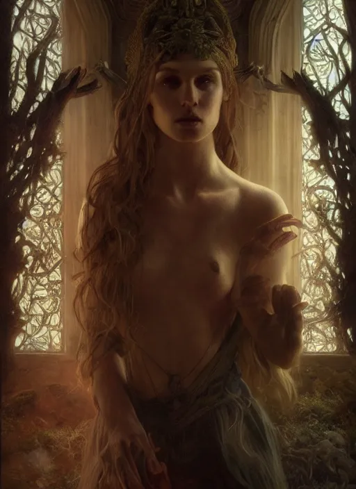 Image similar to inside covens den, diffuse lighting, fantasy epic, hdrp smoke, intricate facial detailing, highly detailed, lifelike, photorealistic, digital painting, artstation, unreal 5, concept art, smooth, sharp focus, art by john collier and albert aublet and krenz cushart and artem demura and alphonse mucha