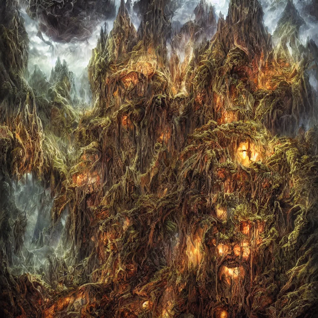 Image similar to cursed evil mountains of malevolence, upward cinematic angle, by rodney matthews, michael kaluta and bill sienkiewicz, ghostly darkness, thick lush woodland atmosphere, stunning composition, roaring monster faces, intricate, elegant, digital art, hyperdetailed, colorful hyperrealism, brilliant photorealism, horror masterpiece, 4k