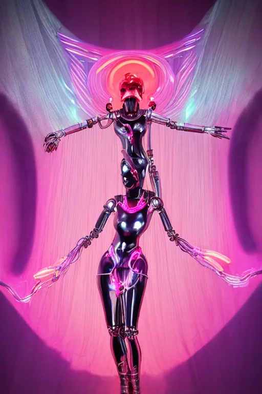 Image similar to full-body baroque and bladerunner style pink neon and chrome statue of a beautiful pale priestess robot goddess humanoid wearing a see-through silk kimono, posing like a falling model, suspended from the ceiling with wire cables, glowing peach face, street hoody of red steampunk lasers, emeralds, swirling silver silk fabric. futuristic elements. oozing glowing liquid, full-length view. space robots. human skulls. throne made of bones, intricate artwork by caravaggio. Trending on artstation, octane render, cinematic lighting from the right, hyper realism, octane render, 8k, depth of field, 3D