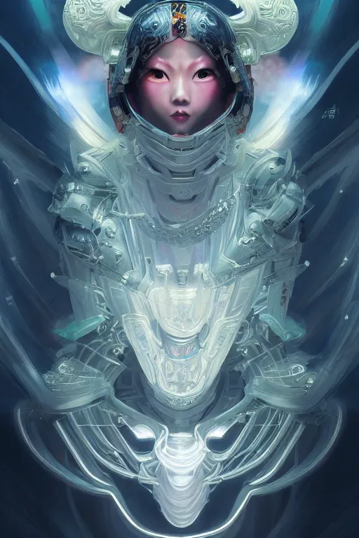 Image similar to asura from chinese myth, ghost, mecha, symmetrical. sci - fi, tech wear, glowing lights, intricate, elegant, highly detailed, digital painting, highly detailed, digital painting, artstation, concept art, smooth, sharp focus, illustration, art by artgerm and greg rutkowski and alphonse mucha