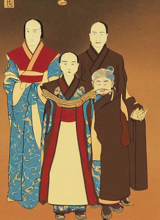 Prompt: family portrait of duke leto atreides lady jessica and prince paul atreides, dune, father mother and son, three figures, detailed, solemn, commanding, powerful, in the style of yamato - e, traditional japanese, tosa school, tosa mitsuoki, tosa mitsunobu, iwasa matabei.