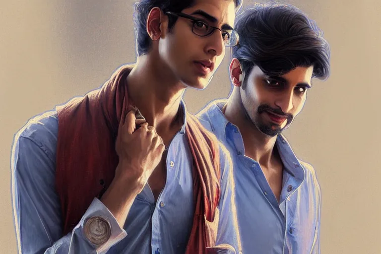 Image similar to Anxious good looking pale young Indian doctors wearing jeans and shirts at the airport, portrait, elegant, intricate, digital painting, artstation, concept art, smooth, sharp focus, illustration, art by artgerm and greg rutkowski and alphonse mucha
