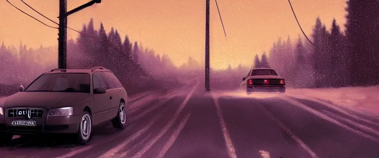 Image similar to Audi A4 B6 Avant (2002), a gritty neo-noir, Robot horror, dramatic bright lighting, cinematic, establishing shot, extremely high detail, photorealistic, cinematic lighting, artstation, by simon stalenhag, Snowy italian road, Snowy Apennines, At night, Poets of the Fall - Late Goodbye