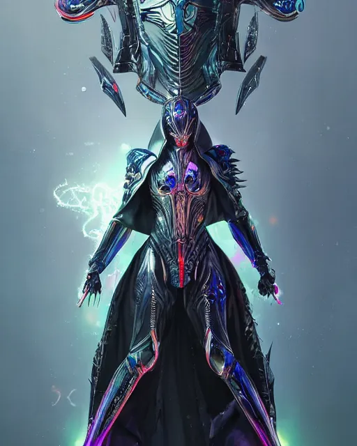 Prompt: the omnipotent assassin, vivid award winning digital artwork, intricate black sharp hooded semi - cybernetic athletic armor, beautiful iridescent colors, technology cloak, long spikes, glowing face, detailed realistic, specular colors, ornate colored gems, character art by wlop, greg rutkowski and artgerm