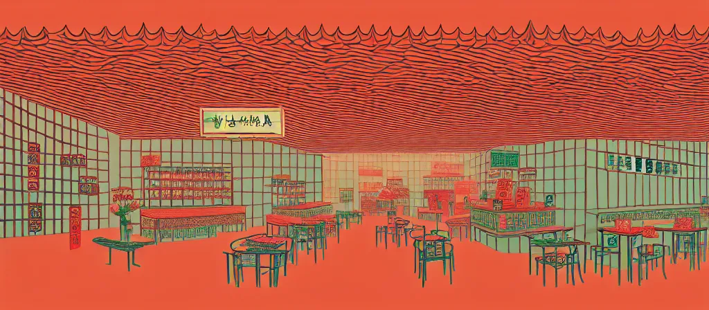 Image similar to a beautiful simple 4 k hd wallpaper illustration of interior view display of the corner of roasted string hotpot shop, simple style, from china, with merchant logo, simple structure, surrealistic, chinese style, victo ngai, james jean, denoise, deblurring