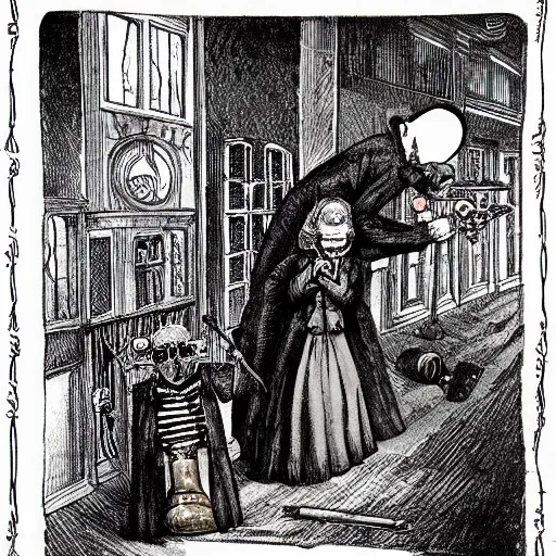 Prompt: a macabre victorian illustration by edward gorey of steampunk ghostbusters chasing ghosts and shooting at ghosts with ray - guns, in buildings or in the streets.