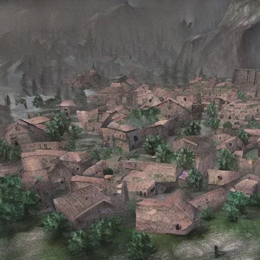 Image similar to the center of a poor medieval town under heavy rain at late dawn, in a valley, surrounded by mountains, highly detailed, octane render, ultra detailed cinematic, 8 k, widescreen, 1 6 : 9, hd