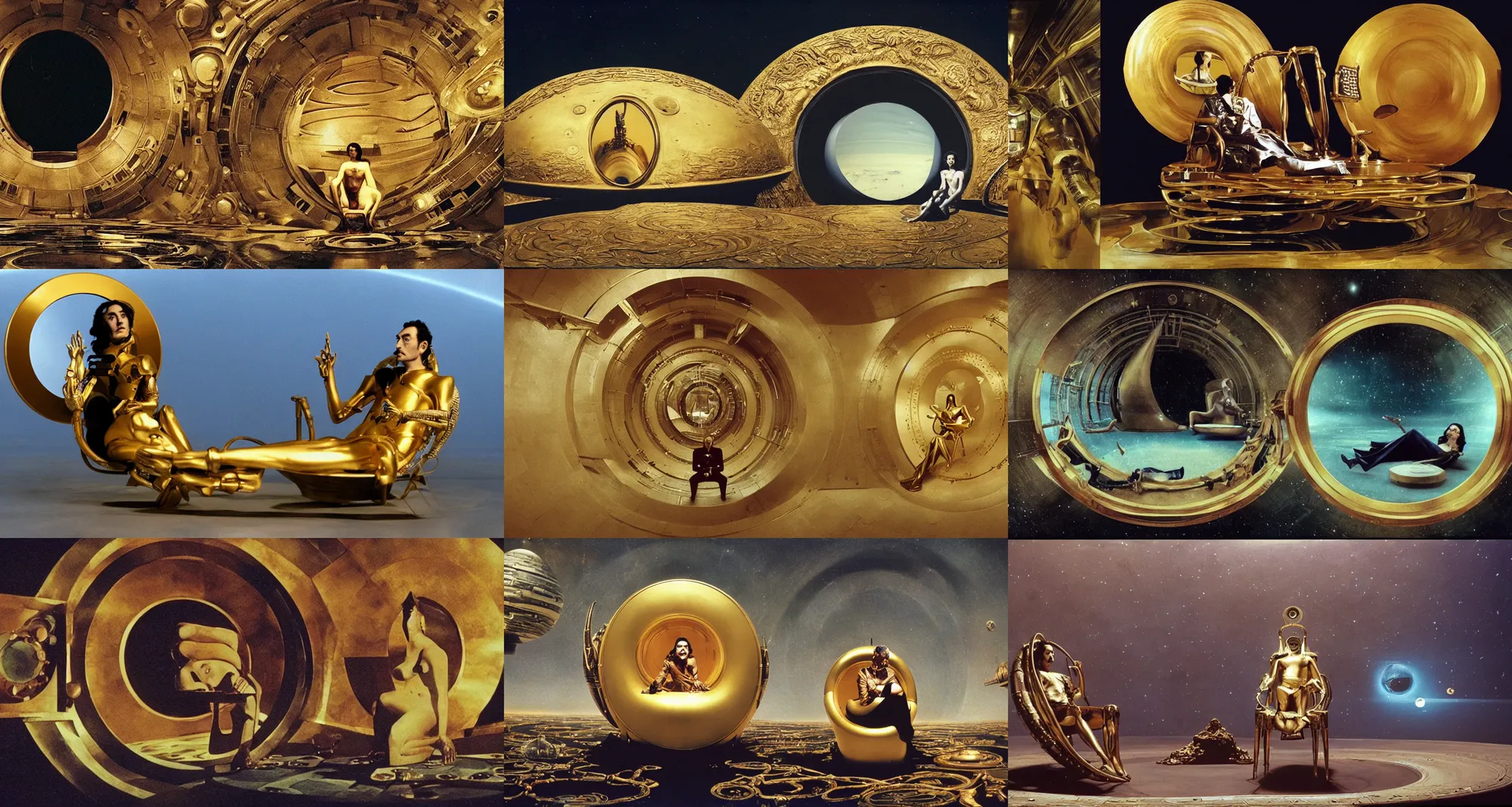 Prompt: background : a huge circle porthole in which space is visible, planet arrakis, spaceships | foreground : dali sitting on gold rectangle chair with many gold pipes | from the movie by alejandro jodorowsky with cinematogrophy of christopher doyle and art direction by hans giger, anamorphic lens, kodakchrome, 8 k