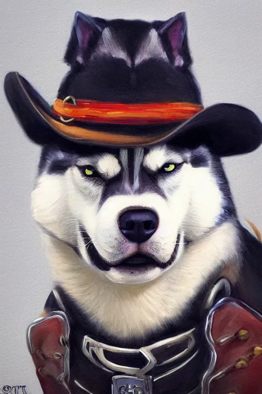 Image similar to a portrait painting of a husky in cowboy costume in the style of anime, character design, a fistful of dollars, per un pugno di dollari, treniding on artstation